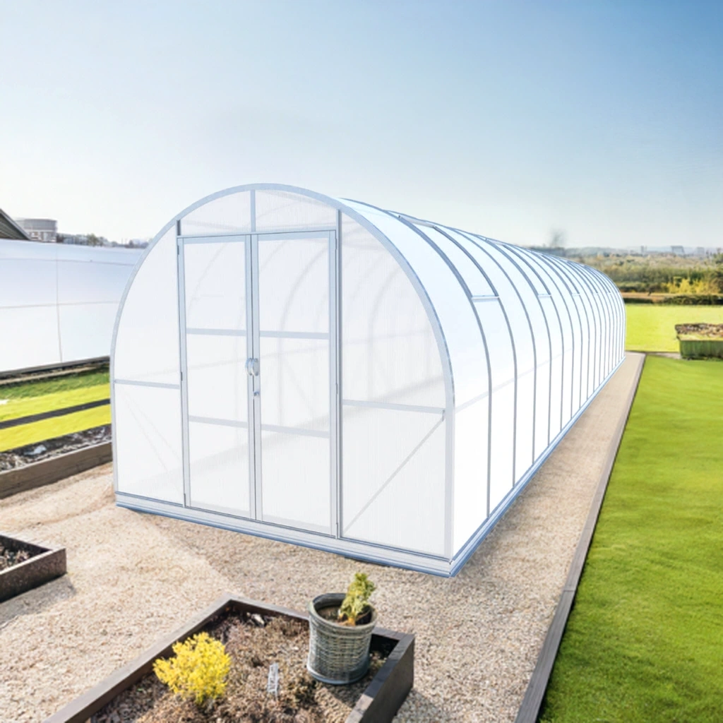 Arched 9x42 tunnel Greenhouse by arrowgreenhouses, Beginners Package – Extra large Sturdy Aluminum Frame, 6mm Twin Wall Polycarbonate, and Solar Powered Fan