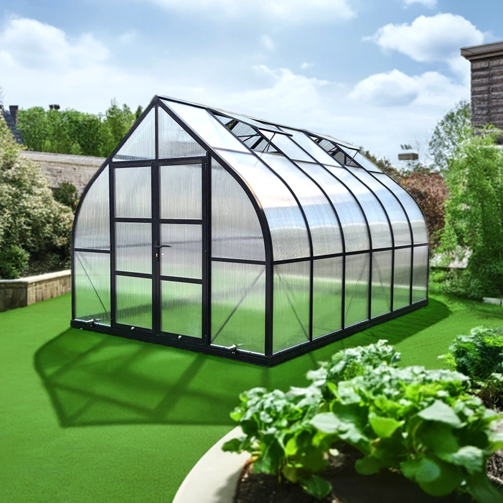 Arrow shape Titan 10x14 black Greenhouse by arrowgreenhouses, Beginners Package – Extra strong black Aluminum Frame, 10mm Twin Wall Polycarbonate, and Solar Powered ventilation, high snow load
