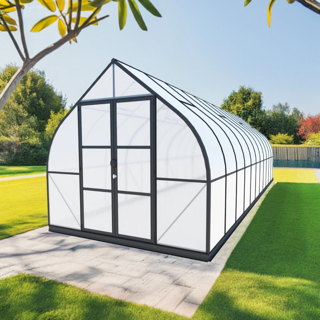 Arrow shape Titan 10x28 black Greenhouse by arrowgreenhouses, Beginners Package – Extra strong black Aluminum Frame, 10mm Twin Wall Polycarbonate, and Solar Powered ventilation, high snow load