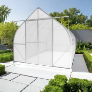 Arrow-shaped aluminum polycarbonate Virtue 9 x 14 greenhouse by arrowgreenhouses, Beginners Package – Strong Aluminum Frame, Sliding doors, 6mm Twin Wall Polycarbonate and Solar Powered fans