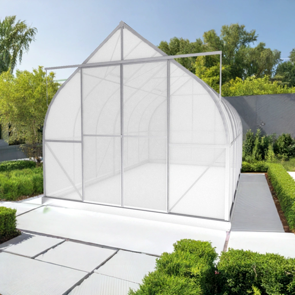 Arrow-shaped aluminum polycarbonate Virtue 9 x 14 greenhouse by arrowgreenhouses, Beginners Package – Strong Aluminum Frame, Sliding doors, 6mm Twin Wall Polycarbonate and Solar Powered fans