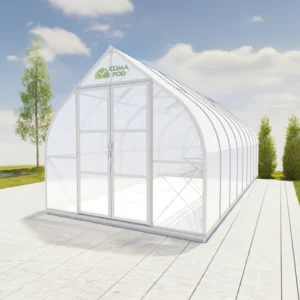 Arrow-shaped aluminum polycarbonate Virtue 9 x 21 greenhouse by arrowgreenhouses, Ultimate Package – Strong Aluminum Frame, Hinged doors, 6mm Twin Wall Polycarbonate and Solar Powered ventilation