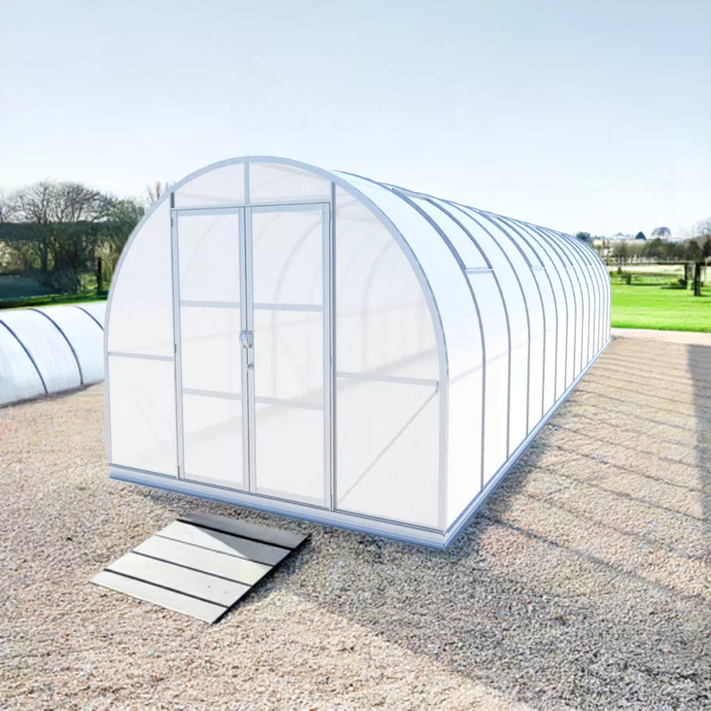 Arched 9x35 tunnel Greenhouse by arrowgreenhouses, Beginners Package Extra large Sturdy Aluminum Frame, 6mm Twin Wall Polycarbonate, and Solar Powered Fan